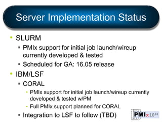 Server Implementation Status
• SLURM
 PMIx support for initial job launch/wireup
currently developed & tested
 Scheduled for GA: 16.05 release
• IBM/LSF
 CORAL
• PMIx support for initial job launch/wireup currently
developed & tested w/PM
• Full PMIx support planned for CORAL
 Integration to LSF to follow (TBD)
 