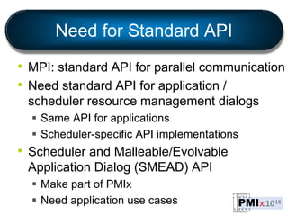 Need for Standard API
• MPI: standard API for parallel communication
• Need standard API for application /
scheduler resou...