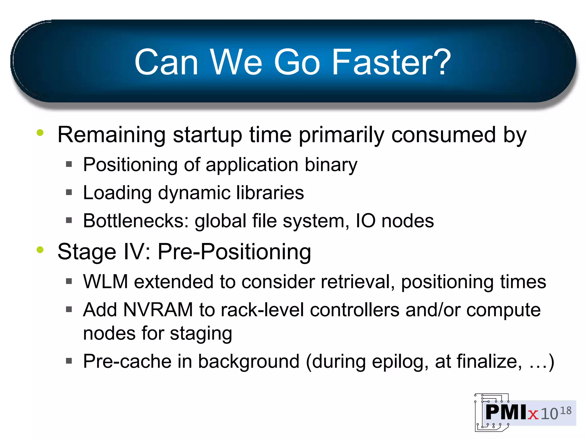 Can We Go Faster?
• Remaining startup time primarily consumed by
 Positioning of application binary
 Loading dynamic libraries
 Bottlenecks: global file system, IO nodes
• Stage IV: Pre-Positioning
 WLM extended to consider retrieval, positioning times
 Add NVRAM to rack-level controllers and/or compute
nodes for staging
 Pre-cache in background (during epilog, at finalize, …)
 