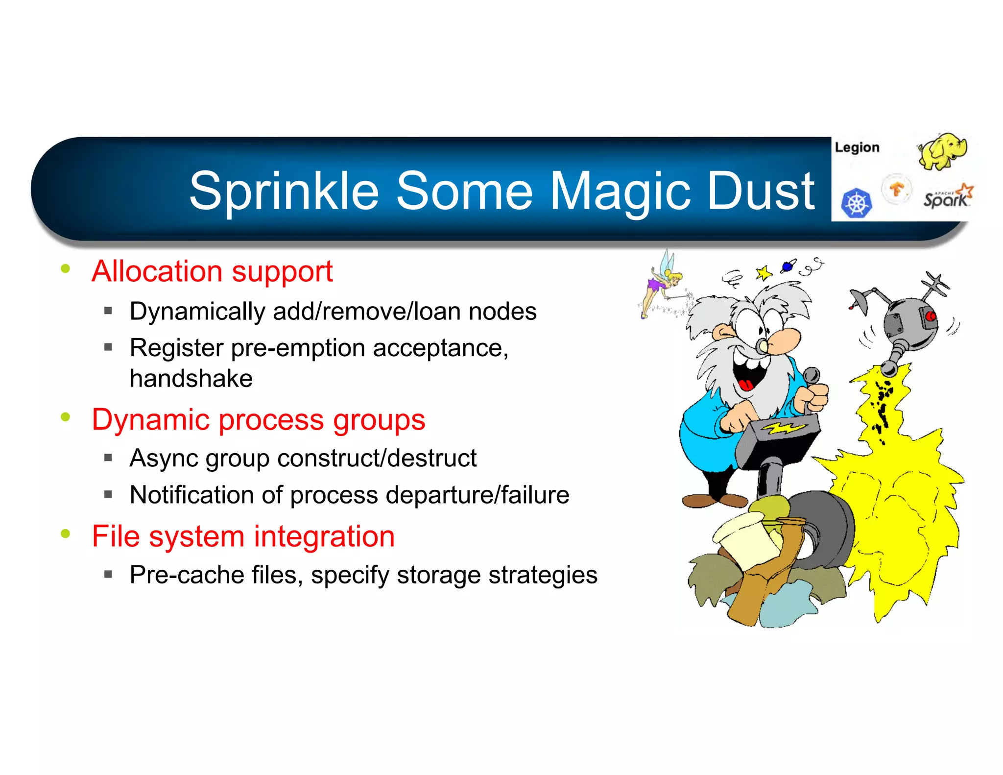 • Allocation support
§ Dynamically add/remove/loan nodes
§ Register pre-emption acceptance,
handshake
• Dynamic process groups
§ Async group construct/destruct
§ Notification of process departure/failure
• File system integration
§ Pre-cache files, specify storage strategies
Sprinkle Some Magic Dust
 