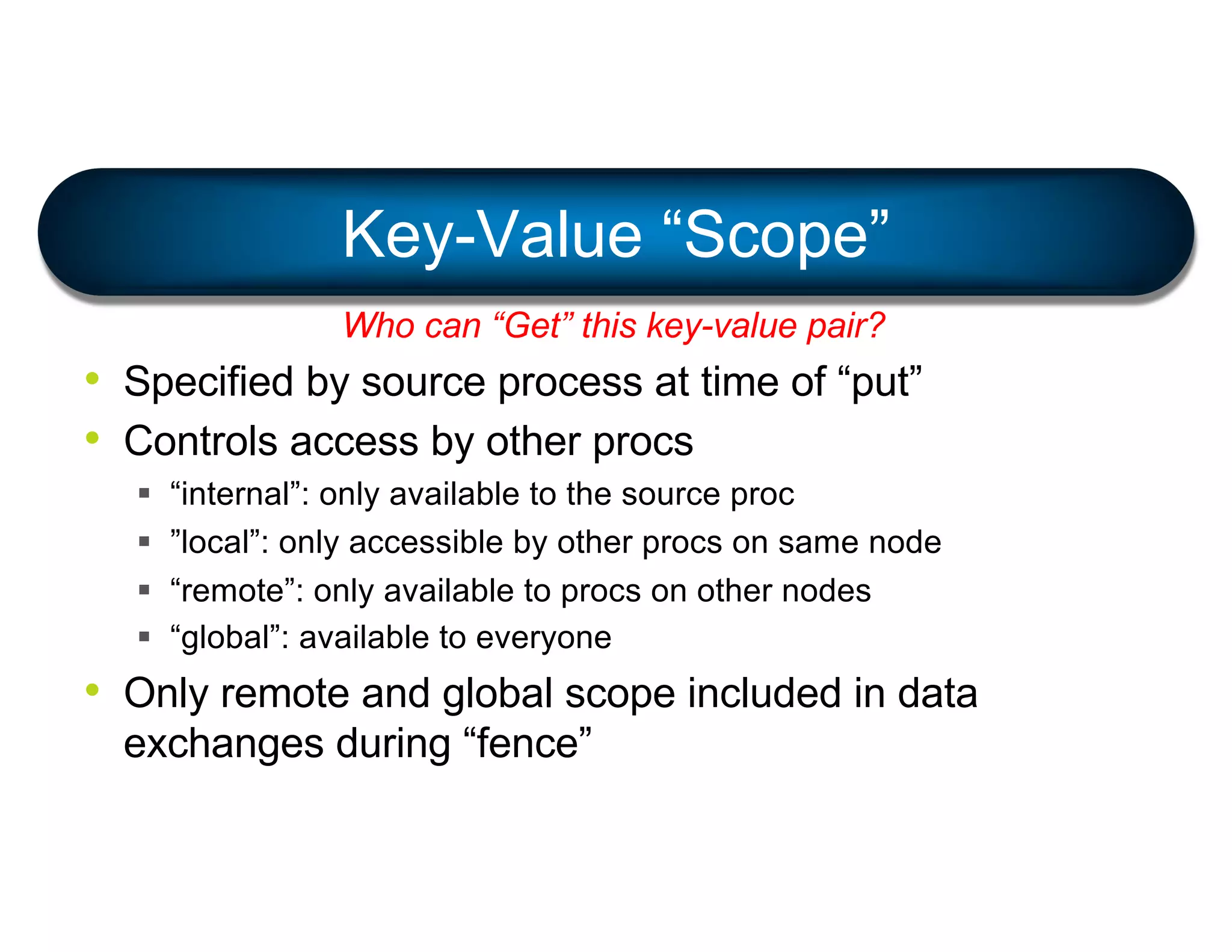 • Specified by source process at time of “put”
• Controls access by other procs
§ “internal”: only available to the source proc
§ ”local”: only accessible by other procs on same node
§ “remote”: only available to procs on other nodes
§ “global”: available to everyone
• Only remote and global scope included in data
exchanges during “fence”
Key-Value “Scope”
Who can “Get” this key-value pair?
 