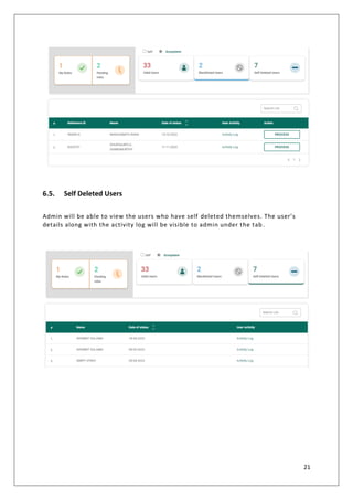 21
6.5. Self Deleted Users
Admin will be able to view the users who have self deleted themselves. The user’s
details along with the activity log will be visible to admin under the tab .
 