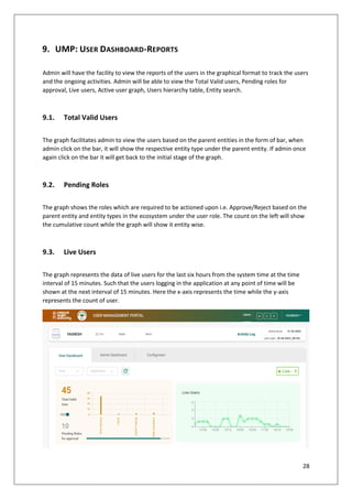 28
9. UMP: USER DASHBOARD-REPORTS
Admin will have the facility to view the reports of the users in the graphical format to track the users
and the ongoing activities. Admin will be able to view the Total Valid users, Pending roles for
approval, Live users, Active user graph, Users hierarchy table, Entity search.
9.1. Total Valid Users
The graph facilitates admin to view the users based on the parent entities in the form of bar, when
admin click on the bar, it will show the respective entity type under the parent entity. If admin once
again click on the bar it will get back to the initial stage of the graph.
9.2. Pending Roles
The graph shows the roles which are required to be actioned upon i.e. Approve/Reject based on the
parent entity and entity types in the ecosystem under the user role. The count on the left will show
the cumulative count while the graph will show it entity wise.
9.3. Live Users
The graph represents the data of live users for the last six hours from the system time at the time
interval of 15 minutes. Such that the users logging in the application at any point of time will be
shown at the next interval of 15 minutes. Here the x-axis represents the time while the y-axis
represents the count of user.
 