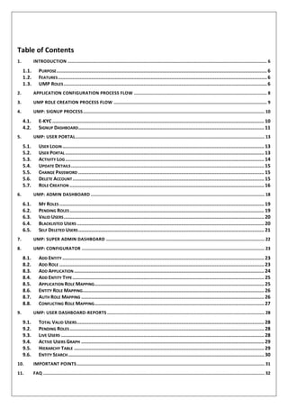 Table of Contents
1. INTRODUCTION ............................................................................................................................................................ 6
1.1. PURPOSE.................................................................................................................................................6
1.2. FEATURES................................................................................................................................................6
1.3. UMP ROLES ............................................................................................................................................6
2. APPLICATION CONFIGURATION PROCESS FLOW ........................................................................................................ 8
3. UMP ROLE CREATION PROCESS FLOW ........................................................................................................................ 9
4. UMP: SIGNUP PROCESS.............................................................................................................................................. 10
4.1. E-KYC.................................................................................................................................................. 10
4.2. SIGNUP DASHBOARD................................................................................................................................ 11
5. UMP: USER PORTAL.................................................................................................................................................... 13
5.1. USER LOGIN........................................................................................................................................... 13
5.2. USER PORTAL ......................................................................................................................................... 13
5.3. ACTIVITY LOG......................................................................................................................................... 14
5.4. UPDATE DETAILS..................................................................................................................................... 15
5.5. CHANGE PASSWORD ................................................................................................................................ 15
5.6. DELETE ACCOUNT.................................................................................................................................... 15
5.7. ROLE CREATION ...................................................................................................................................... 16
6. UMP: ADMIN DASHBOARD ........................................................................................................................................ 18
6.1. MY ROLES ............................................................................................................................................. 19
6.2. PENDING ROLES...................................................................................................................................... 19
6.3. VALID USERS.......................................................................................................................................... 20
6.4. BLACKLISTED USERS ................................................................................................................................. 20
6.5. SELF DELETED USERS................................................................................................................................ 21
7. UMP: SUPER ADMIN DASHBOARD ............................................................................................................................ 22
8. UMP: CONFIGURATOR ............................................................................................................................................... 23
8.1. ADD ENTITY ........................................................................................................................................... 23
8.2. ADD ROLE ............................................................................................................................................. 23
8.3. ADD APPLICATION................................................................................................................................... 24
8.4. ADD ENTITY TYPE.................................................................................................................................... 25
8.5. APPLICATION ROLE MAPPING..................................................................................................................... 25
8.6. ENTITY ROLE MAPPING............................................................................................................................. 26
8.7. AUTH ROLE MAPPING .............................................................................................................................. 26
8.8. CONFLICTING ROLE MAPPING..................................................................................................................... 27
9. UMP: USER DASHBOARD-REPORTS ........................................................................................................................... 28
9.1. TOTAL VALID USERS................................................................................................................................. 28
9.2. PENDING ROLES...................................................................................................................................... 28
9.3. LIVE USERS ............................................................................................................................................ 28
9.4. ACTIVE USERS GRAPH .............................................................................................................................. 29
9.5. HIERARCHY TABLE ................................................................................................................................... 29
9.6. ENTITY SEARCH....................................................................................................................................... 30
10. IMPORTANT POINTS................................................................................................................................................... 31
11. FAQ ............................................................................................................................................................................. 32
 