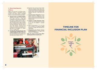 TIMELINE FOR
FINANCIAL INCLUSION PLAN
11
4. Mission Mode Objectives
(6 Pillars):
PMJDY to be executed in the Mission Mode,
envisages provision of affordable financial
services to all citizens within a reasonable
distance. It comprises of the following six pillars:-
a. Universal access to banking facilities:
Mapping of each district into Sub Service
Area (SSA) catering to 1000-1500
households in a manner that every habitation
has access to banking services within a
th
reasonable distance say 5 km by 14 August,
2015. Coverage of parts of J&K, Himachal
Pradesh, Uttarakhand, North East and the
Left Wing Extremism affected districts
which have telecom connectivity and
infrastructure constraints would spill over to
th
the Phase II of the program (15 August,
th
2015 to 15 August, 2018)
b. Providing Basic Banking Accounts with
overdraft facility and RuPay Debit card
to all households: The effort would be to
first cover all uncovered households with
banking facilities by August, 2015,by
opening basic bank accounts. Account holder
would be provided a RuPay Debit Card.
Facility of an overdraft to every basic banking
account holder would be considered after
satisfactory operation / credit history of six
months.
c. Financial Literacy Programme: Financial
literacy would be an integral part of the
Mission in order to let the beneficiaries make
best use of the financial services being made
availabletothem.
d. Creation of Credit Guarantee Fund:
Creation of a Credit Guarantee Fund would
be to cover the defaults in overdraft
accounts.
e. M i c r o - I n s u r a n c e : To p r o v i d e
micro- insurance to all willing and eligible
th
persons by 14 August, 2018, and then on an
ongoing basis.
f. Unorganized sector Pension schemes
th
like Swavalamban: By 14 August, 2018
and then on an ongoing basis.
Under the mission, the first three pillars
would be given thrust in the first year.
 