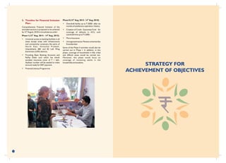 STRATEGY FOR
ACHIEVEMENT OF OBJECTIVES
13
5. Timeline for Financial Inclusion
Plan :
Comprehensive Financial Inclusion of the
excluded sections is proposed to be achieved
th
by 14 August, 2018 in two phases as under:
th th
Phase I (15 Aug, 2014 - 14 Aug, 2015)
• Universal access to banking facilities in all
areas except areas with infrastructure
and connectivity constrains like parts of
North East, Himachal Pradesh,
Uttarakhand, J&K and 82 Left Wing
Extremism (LWE) districts.
• Providing Basic Banking Accounts and
RuPay Debit card which has inbuilt
accident insurance cover of ` 1 lakh.
Aadhaar number will be seeded to make
account ready for DBT payment.
• Financial Literacy Programme
th th
Phase II (15 Aug, 2015 - 14 Aug, 2018)
• Overdraft facility up to ` 5000/- after six
months of satisfactory operation / history
• Creation of Credit Guarantee Fund for
coverage of defaults in A/Cs with
overdraft limit up to `5,000/-.
• Micro Insurance
• Unorganized sector Pension schemes like
Swavalamban
Some of the Phase II activities would also be
carried out in Phase I. In addition, in this
phase, coverage of households in hilly, tribal
and difficult areas would be carried out.
Moreover, this phase would focus on
coverage of remaining adults in the
households and students.
 