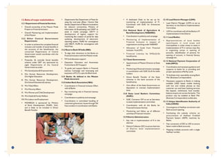 43 44
• A dedicated Desk to be set up for
monitoring of implementation of FI.
Coordinate with SLBC for Grievances
redressal.
13.6 National Bank of Agriculture &
Rural Development ( NABARD):
• Coordination in publicity and campaign
• Monitoring of Implementation of
Financial Inclusion in respect of
organisations working under NABARD
• Allocation of funds from Financial
Inclusion Fund (FIF)
• Financial Literacy by SHGs/JLGs
beneficiaries.
13.7 State Governments:
• Appointment of Mission Director at State
level
• Monitoring of financial inclusion campaign
in coordination with SLBC & all the stake
holders
• Direct Benefit Transfer of the State
schemes in the bank accounts of the
beneficiaries
• One officer of the State Government on
deputation to oversee implementation
issue.
13.8 State Level Bankers Committee
(SLBC):
• SLBC Convenor GM to act as Secretary
to state implementation committee
• Coordination with all the Banks for
Financial Inclusion Activity
• Monitoring and follow up of different
activities of Financial inclusion
13.9 District Administration:
• Key role in implementation of FI in the
districts
• District Collector (DC) to act as chairman
of District level implementation
committee
13.10 Lead District Manager (LDM):
• Lead District Manager (LDM) to act as
Secretary to the District Implementation
Committee
• LDM to coordinate with all the Banks in FI
implementation in the District
13.11 Local Bodies:
• Representatives of local bodies
(panchayats in rural areas and
municipalities in urban areas) to assist in
implementation of FI in various ways like
in organising camps in opening of
accounts, identification of persons for
opening of account, in financial literacy
campaign etc.
13.12 National Payment Corporation of
India (NPCI):
• Coordination and necessary guidance and
supports to banks for in providing and
proper operations of RuPay cards
• To facilitate inter-operability among Bank
Mitr (Business Correspondent)
• Necessary supports to Banks in making
available USSD based mobile banking
with low end mobile phones so that
customer can avail basic banking services
like deposit, withdrawal, fund transfer,
balance enquiry etc across the banks. This
product may be enabled at Bank Mitr
(Business Correspondent) outlets also.
13.13 Unique Identification Authority of
India (UIDAI):
• Convergence of Aadhaar enrolment with
Bank account opening.
• Facilitating the subsidy scheme on
procurement of Aadhaar Enabled
Payment System (AEPS) machines by
Banks.
• Fast conversion of EID to UID to ensure
faster credit to Bank accounts.
• Mapping multiple accounts with a single
Aadhaar number.
13.Roles of major stakeholders:
13.1 Department of Financial Services:
• Overall ownership of the Mission Mode
Project on Financial Inclusion
• Overall Monitoring and Implementation
of the Mission
13.2 Other Central Government
Departments:
• In order to achieve the complete financial
inclusion and transfer of social benefits in
the accounts of the beneficiaries, the
concerned Departments of Central
Government would coordinate with the
stake holders.
• Presently, 26 centrally Social benefits
scheme under DBT are sponsored by
eight Departments of the Central
Government as under:
I. M/o Social Justice & Empowerment
II. M/o Human Resources Development,
D/o Higher Education
III. M/o Human Resources Development,
D/o School Education & Literacy
IV. M/o Tribal Affairs
V. M/o Minority Affairs
VI. M/o Women and Child Development
VII. M/o Health & Family Welfare
VIII.M/o Labour and Employment
• MGNREGA is sponsored by Ministry
of Rural Development (MoRD, GoI),
and is likely to be included in Direct
Benefit Transfer.
• Departments like Department of Posts for
using the rural post offices / Gramin Dak
Sewak,DepartmentofTelecommunications
for telecom connectivity, Ministry of
Information & Broadcasting and DAVP to
assist in media campaign, DEITY in
development of logistic support for
monitoring like creation of portal for data
updating, development of electronic
reporting system, MoRD for convergence
with NRLM, HUPA for convergence with
NULMetc.
13.3 Reserve Bank Of India (RBI):
• To align their directions to the Banks on
Financial inclusion with the Mission mode
• FIF fund allocation support
• Depositor Education and Awareness
Fund scheme 2014 support
• To guide and support Banks in Financial
Literacy Campaign and revamping and
expansion of FLCCs upto the Block level
13.4 Banks: As defined in the Mission
Mode document
13.5 Indian Bank Association( IBA):
• Coordination in Financial Inclusion Effort
with all Banks
• Key monitoring role in Financial Literacy
campaign
• Coordination in publicity and campaign
• Coordination in centralised handling of
customers grievances / issues through Toll
free numbers in coordination with Banks
 