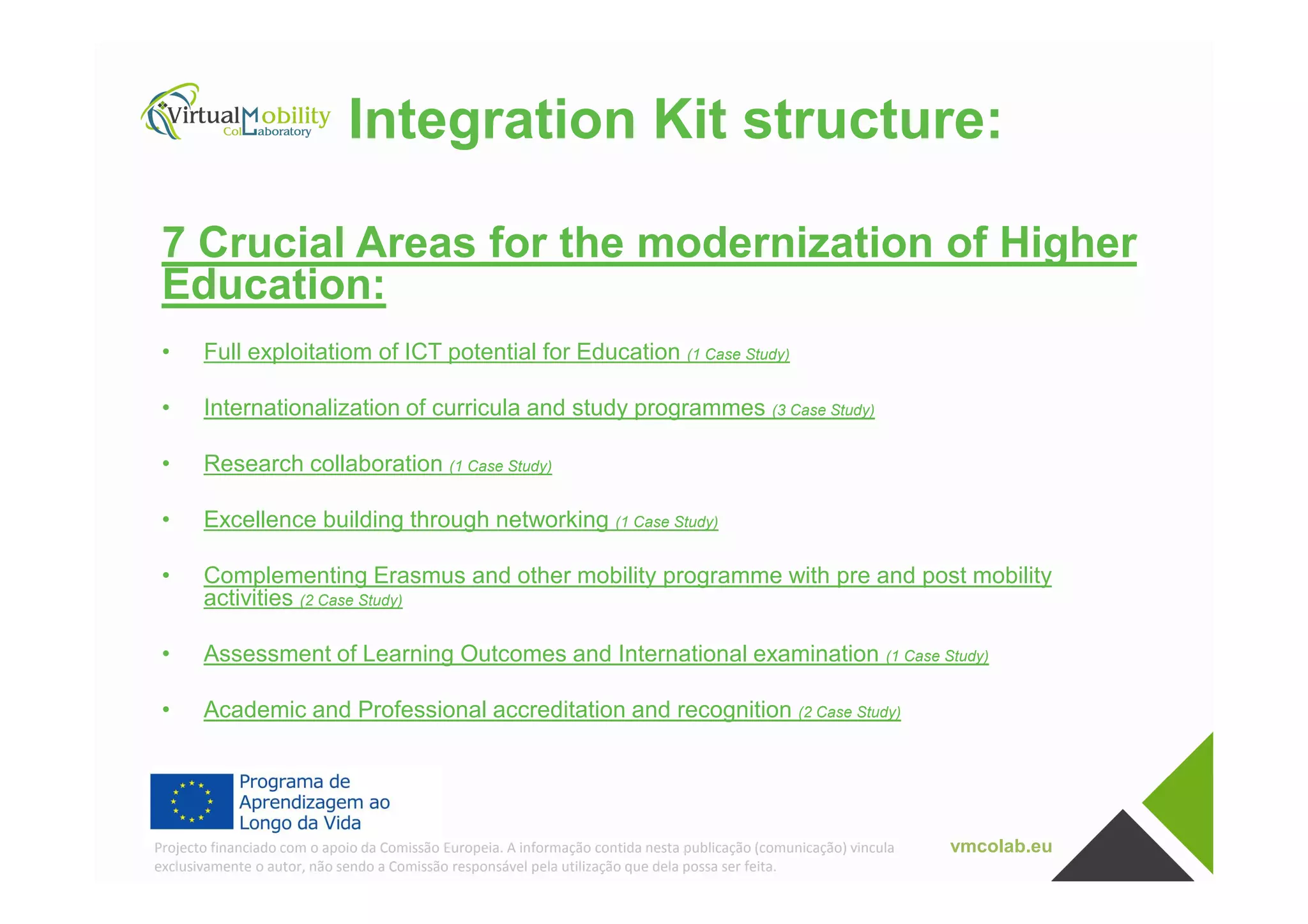 Integration Kit structure:
7 Crucial Areas for the modernization of Higher
Education:
• Full exploitatiom of ICT potential for Education (1 Case Study)
• Internationalization of curricula and study programmes (3 Case Study)
• Research collaboration (1 Case Study)
vmcolab.euProjecto financiado com o apoio da Comissão Europeia. A informação contida nesta publicação (comunicação) vincula
exclusivamente o autor, não sendo a Comissão responsável pela utilização que dela possa ser feita.
• Research collaboration (1 Case Study)
• Excellence building through networking (1 Case Study)
• Complementing Erasmus and other mobility programme with pre and post mobility
activities (2 Case Study)
• Assessment of Learning Outcomes and International examination (1 Case Study)
• Academic and Professional accreditation and recognition (2 Case Study)
 