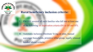 Rural beneficiary inclusion criteria:
I. PM-JAY covered all such families who fall into at least one
of the following six ...