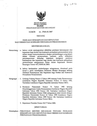 Pmk 78 / 2007 Tentang Penilaian Kemampuan dan Kepatutan Bagi Direksi dan Komisaris Perusahaan Perasuransian