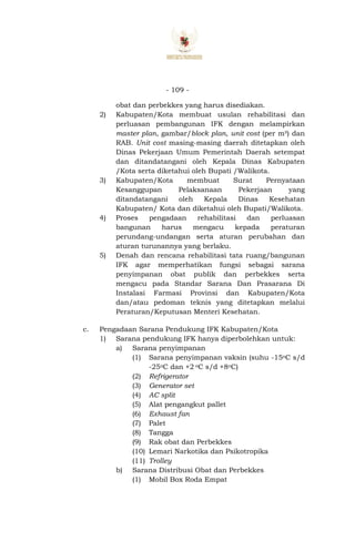 - 109 -
obat dan perbekkes yang harus disediakan.
2) Kabupaten/Kota membuat usulan rehabilitasi dan
perluasan pembangunan IFK dengan melampirkan
master plan, gambar/block plan, unit cost (per m²) dan
RAB. Unit cost masing-masing daerah ditetapkan oleh
Dinas Pekerjaan Umum Pemerintah Daerah setempat
dan ditandatangani oleh Kepala Dinas Kabupaten
/Kota serta diketahui oleh Bupati /Walikota.
3) Kabupaten/Kota membuat Surat Pernyataan
Kesanggupan Pelaksanaan Pekerjaan yang
ditandatangani oleh Kepala Dinas Kesehatan
Kabupaten/ Kota dan diketahui oleh Bupati/Walikota.
4) Proses pengadaan rehabilitasi dan perluasan
bangunan harus mengacu kepada peraturan
perundang-undangan serta aturan perubahan dan
aturan turunannya yang berlaku.
5) Denah dan rencana rehabilitasi tata ruang/bangunan
IFK agar memperhatikan fungsi sebagai sarana
penyimpanan obat publik dan perbekkes serta
mengacu pada Standar Sarana Dan Prasarana Di
Instalasi Farmasi Provinsi dan Kabupaten/Kota
dan/atau pedoman teknis yang ditetapkan melalui
Peraturan/Keputusan Menteri Kesehatan.
c. Pengadaan Sarana Pendukung IFK Kabupaten/Kota
1) Sarana pendukung IFK hanya diperbolehkan untuk:
a) Sarana penyimpanan
(1) Sarana penyimpanan vaksin (suhu -15oC s/d
-25oC dan +2 oC s/d +8oC)
(2) Refrigerator
(3) Generator set
(4) AC split
(5) Alat pengangkut pallet
(6) Exhaust fan
(7) Palet
(8) Tangga
(9) Rak obat dan Perbekkes
(10) Lemari Narkotika dan Psikotropika
(11) Trolley
b) Sarana Distribusi Obat dan Perbekkes
(1) Mobil Box Roda Empat
 