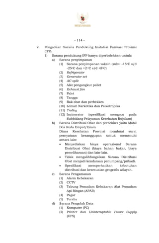 - 114 -
c. Pengadaan Sarana Pendukung Instalasi Farmasi Provinsi
(IFP).
1) Sarana pendukung IFP hanya diperbolehkan untuk:
a) Sarana penyimpanan
(1) Sarana penyimpanan vaksin (suhu -15oC s/d
-25oC dan +2 oC s/d +8oC)
(2) Refrigerator
(3) Generator set
(4) AC split
(5) Alat pengangkut pallet
(6) Exhaust fan
(7) Palet
(8) Tangga
(9) Rak obat dan perbekkes
(10) Lemari Narkotika dan Psikotropika
(11) Trolley
(12) Incinerator (spesifikasi mengacu pada
Subbidang Pelayanan Kesehatan Rujukan)
b) Sarana Distribusi Obat dan perbekkes yaitu Mobil
Box Roda Empat/Enam
Dinas Kesehatan Provinsi membuat surat
pernyataan kesanggupan untuk memenuhi
antara lain:
 Menyediakan biaya operasional Sarana
Distribusi Obat (biaya bahan bakar, biaya
pemeliharaan) dan lain-lain.
 Tidak mengalihfungsikan Sarana Distribusi
Obat menjadi kendaraan penumpang/pribadi.
 Spesifikasi memperhatikan kebutuhan
distribusi dan kesesuaian geografis wilayah.
c) Sarana Pengamanan
(1) Alarm Kebakaran
(2) CCTV
(3) Tabung Pemadam Kebakaran Alat Pemadam
Api Ringan (APAR)
(4) Pagar
(5) Teralis
d) Sarana Pengolah Data
(1) Komputer (PC)
(2) Printer dan Uninteruptable Power Supply
(UPS)
 
