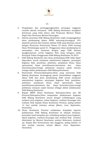 - 15 -
5. Pengelolaan dan pertanggungjawaban keuangan anggaran
transfer daerah termasuk DAK Bidang Kesehatan mengikuti
ketentuan yang telah diatur oleh Peraturan Menteri Dalam
Negeri dan Peraturan Menteri Keuangan.
6. Daerah penerima DAK Bidang Kesehatan wajib menganggarkan
dana pendamping dalam APBD sekurang-kurangnya 10%
(sepuluh persen) dari besaran alokasi DAK yang diterima sesuai
dengan Peraturan Pemerintah Nomor 55 tahun 2005 tentang
Dana Perimbangan pasal 61. Penggunaan dana pendamping ini
merupakan satu kesatuan dengan pagu DAK dimana
penggunaannya untuk kegiatan fisik yang mengacu pada
Petunjuk Teknis Penggunaan DAK Bidang Kesehatan TA 2015.
7. DAK Bidang Kesehatan dan dana pendamping DAK tidak dapat
digunakan untuk mendanai administrasi kegiatan, penyiapan
kegiatan fisik, penelitian, pelatihan, perjalanan dinas, biaya
operasional, biaya pemeliharaan/perawatan dan biaya
konsultan/jasa/tenaga pelaksana ataupun aspek lainnya
sebagai akibat pelaksanaan DAK Bidang Kesehatan.
8. Pemerintah Provinsi/Kabupaten/Kota yang menerima DAK
Bidang Kesehatan bertanggung jawab menyediakan anggaran
diluar DAK dan dana pendamping DAK untuk mendanai
administrasi kegiatan, penyiapan kegiatan fisik, penelitian,
pelatihan, perjalanan dinas, biaya operasional, biaya
pemeliharaan/perawatan dan biaya konsultan/jasa/tenaga
pelaksana ataupun aspek lainnya sebagai akibat pelaksanaan
DAK Bidang Kesehatan.
9. Kepala SKPD Dinas Kesehatan Kabupaten/Kota dan RS
Provinsi/Kabupaten/Kota melaporkan pelaksanaan kegiatan
DAK Bidang Kesehatan sesuai dengan subbidangnya yang
meliputi jenis kegiatan, lokasi kegiatan, realisasi keuangan dan
realisasi fisik kepada Dinas Kesehatan Provinsi, paling lambat
14 hari setelah triwulan selesai (Maret, Juni, September,
Desember).
10. Dinas Kesehatan Provinsi melakukan kompilasi laporan
pelaksanaan DAK Bidang Kesehatan di wilayah kerjanya,
kemudian hasil kompilasi per subbidang meliputi jenis kegiatan,
lokasi kegiatan, realisasi keuangan dan realisasi fisik tersebut
dikirimkan ke Menteri Kesehatan melalui Sekretaris Jenderal
up. Kepala Biro Perencanaan dan Anggaran, paling lambat 14
hari setelah triwulan selesai (Maret, Juni, September,
Desember).
 