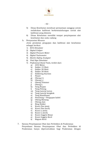 - 62 -
5) Dinas Kesehatan membuat pernyataan sanggup untuk
melakukan kalibrasi berkesinambungan untuk alat
kalibrasi yang diminta
6) Dinas Kesehatan memiliki tempat penyimpanan alat
kesehatan dan suku cadang
b. Persyaratan Khusus
Jenis peralatan pengujian dan kalibrasi alat kesehatan
sebagai berikut:
1) ECG Simulator
2) Digital Caliper
3) Digital Pressure Meter
4) Digital Tachometer
5) Electro Safety Analyzer
6) Vital Sign Simulator
7) Profesional Hand Tools, terdiri dari:
a) AVO Meter
b) Solder 15 Watt
c) Solder 20 Watt
d) Solder 30 Watt
e) Soldering Suction
f) Pinset
g) Obeng (+)
h) Obeng (-)
i) Obeng Trimmer
j) Obeng L
k) Tang Kupas
l) Tang Potong
m) Tang Lancip Lurus
n) Tang Lancip bengkok
o) Tang Kombinasi
p) Pemotong + Pengupas kabel
q) Obeng Bintang
r) Obeng Jam
s) Ring Holder
t) Kunci Pas (mm)
u) Kunci Pas (inch)
v) Kunci L (mm)
w) Kunci L (inch)
x) Kunci Inggris Besar
y) Kunci Inggris Kecil
z) Ragum Kecil
7. Sarana Penyimpanan Obat dan Perbekkes di Puskesmas
Penyediaan Sarana Penyimpanan Obat dan Perbekkes di
Puskesmas hanya diperuntukkan bagi Puskesmas dengan
 