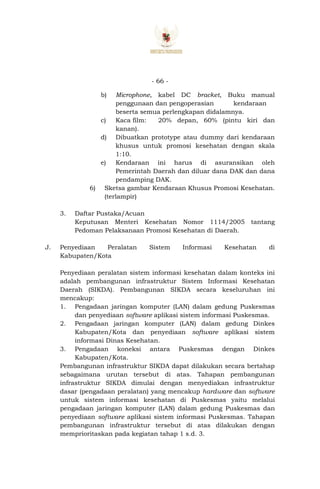 - 66 -
b) Microphone, kabel DC bracket, Buku manual
penggunaan dan pengoperasian kendaraan
beserta semua perlengkapan didalamnya.
c) Kaca film: 20% depan, 60% (pintu kiri dan
kanan).
d) Dibuatkan prototype atau dummy dari kendaraan
khusus untuk promosi kesehatan dengan skala
1:10.
e) Kendaraan ini harus di asuransikan oleh
Pemerintah Daerah dan diluar dana DAK dan dana
pendamping DAK.
6) Sketsa gambar Kendaraan Khusus Promosi Kesehatan.
(terlampir)
3. Daftar Pustaka/Acuan
Keputusan Menteri Kesehatan Nomor 1114/2005 tantang
Pedoman Pelaksanaan Promosi Kesehatan di Daerah.
J. Penyediaan Peralatan Sistem Informasi Kesehatan di
Kabupaten/Kota
Penyediaan peralatan sistem informasi kesehatan dalam konteks ini
adalah pembangunan infrastruktur Sistem Informasi Kesehatan
Daerah (SIKDA). Pembangunan SIKDA secara keseluruhan ini
mencakup:
1. Pengadaan jaringan komputer (LAN) dalam gedung Puskesmas
dan penyediaan software aplikasi sistem informasi Puskesmas.
2. Pengadaan jaringan komputer (LAN) dalam gedung Dinkes
Kabupaten/Kota dan penyediaan software aplikasi sistem
informasi Dinas Kesehatan.
3. Pengadaan koneksi antara Puskesmas dengan Dinkes
Kabupaten/Kota.
Pembangunan infrastruktur SIKDA dapat dilakukan secara bertahap
sebagaimana urutan tersebut di atas. Tahapan pembangunan
infrastruktur SIKDA dimulai dengan menyediakan infrastruktur
dasar (pengadaan peralatan) yang mencakup hardware dan software
untuk sistem informasi kesehatan di Puskesmas yaitu melalui
pengadaan jaringan komputer (LAN) dalam gedung Puskesmas dan
penyediaan software aplikasi sistem informasi Puskesmas. Tahapan
pembangunan infrastruktur tersebut di atas dilakukan dengan
memprioritaskan pada kegiatan tahap 1 s.d. 3.
 