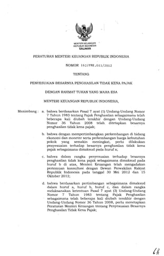 MENTERIKEUANGAN
                               REPUBLIK INDONESIA
                                   SALINAN


       PERATURAN MENTERI KEUANGAN REPUBLIK INDONESIA

                          NOMOR 162/PMK.Oll/2012

                              TENTANG

      PENYESUAIAN BESARNYA PENGHASILAN TIDAK KENA PAJAK

              DENGAN RAHMAT TUHAN YANG MAHA ESA

              MENTERI KEUANGAN REPUBLIK INDONESIA,


Menimbang:   a. bahwa berdasarkan Pasal 7 ayat (1) Undang-Undang Nomor
                7 Tahun 1983 tentang Pajak Penghasilan sebagaimana telah
                beberapa kali diubah terakhir dengan Undang-Undang
                Nomor 36 Tahun 2008 telah. ditetapkan besarnya
                penghasilan tidak kena pajak;

             b. bahwa dengan mempertimbangkan perkembangan di bidang
                ekonomi dan moneter serta perkembangan·harga kebutuhan
                pokok yang semakin meningkat,         perlu diIakukan
                penyesuaian terhadap besarnya penghasilan tidak kena
                pajak sebagaimana dimaksud pada huruf a;

             c. bahwa dalam rangka penyesuaian terhadap besarnya
                penghasilan tidak kena pajak sebagaimana dimaksud pada
                huruf b di atas, Menteri Keuangan teIah mengadakan
                pertemuan konsultasi dengan Dewan Perwakilan Rakyat
                Republik Indonesia pada tanggaI 30 Mei 2012 dan 15
                Oktober 2012;

             d. bahwa berdasarkan pertimbangan sebagaimana dimaksud
                dalam huruf a, huruf b, huruf c, "dan dalam rangka
                melaksanakan ketentuan PasaI 7 ayat (3) Undang-Undang
                Nomor 7 Tahun 1983 tentang Pajak Penghasilan
                sebagaimana telah beberapa kali diubah terakhir dengan
                Undang-Undang Nomor 36 Tahun 2008, perlu menetapkan
                Peraturan Menteri Keuangan tentang Penyesuaian Besarnya
                Penghasilan Tidak Kena Pajak;
 