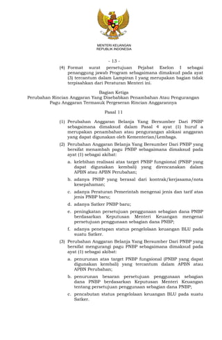 - 13 -
MENTERI KEUANGAN
REPUBLIK INDONESIA
(4) Format surat persetujuan Pejabat Eselon I sebagai
penanggung jawab Program sebagaimana dimaksud pada ayat
(3) tercantum dalam Lampiran I yang merupakan bagian tidak
terpisahkan dari Peraturan Menteri ini.
Bagian Ketiga
Perubahan Rincian Anggaran Yang Disebabkan Penambahan Atau Pengurangan
Pagu Anggaran Termasuk Pergeseran Rincian Anggarannya
Pasal 11
(1) Perubahan Anggaran Belanja Yang Bersumber Dari PNBP
sebagaimana dimaksud dalam Pasal 4 ayat (1) huruf a
merupakan penambahan atau pengurangan alokasi anggaran
yang dapat digunakan oleh Kementerian/Lembaga.
(2) Perubahan Anggaran Belanja Yang Bersumber Dari PNBP yang
bersifat menambah pagu PNBP sebagaimana dimaksud pada
ayat (1) sebagai akibat:
a. kelebihan realisasi atas target PNBP fungsional (PNBP yang
dapat digunakan kembali) yang direncanakan dalam
APBN atau APBN Perubahan;
b. adanya PNBP yang berasal dari kontrak/kerjasama/nota
kesepahaman;
c. adanya Peraturan Pemerintah mengenai jenis dan tarif atas
jenis PNBP baru;
d. adanya Satker PNBP baru;
e. peningkatan persetujuan penggunaan sebagian dana PNBP
berdasarkan Keputusan Menteri Keuangan mengenai
persetujuan penggunaan sebagian dana PNBP;
f. adanya penetapan status pengelolaan keuangan BLU pada
suatu Satker.
(3) Perubahan Anggaran Belanja Yang Bersumber Dari PNBP yang
bersifat mengurangi pagu PNBP sebagaimana dimaksud pada
ayat (1) sebagai akibat:
a. penurunan atas target PNBP fungsional (PNBP yang dapat
digunakan kembali) yang tercantum dalam APBN atau
APBN Perubahan;
b. penurunan besaran persetujuan penggunaan sebagian
dana PNBP berdasarkan Keputusan Menteri Keuangan
tentang persetujuan penggunaan sebagian dana PNBP;
c. pencabutan status pengelolaan keuangan BLU pada suatu
Satker.
 