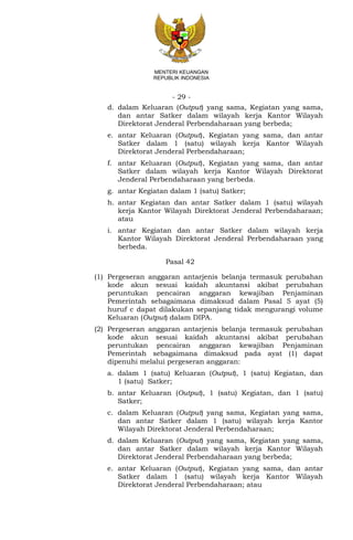- 29 -
MENTERI KEUANGAN
REPUBLIK INDONESIA
d. dalam Keluaran (Output) yang sama, Kegiatan yang sama,
dan antar Satker dalam wilayah kerja Kantor Wilayah
Direktorat Jenderal Perbendaharaan yang berbeda;
e. antar Keluaran (Output), Kegiatan yang sama, dan antar
Satker dalam 1 (satu) wilayah kerja Kantor Wilayah
Direktorat Jenderal Perbendaharaan;
f. antar Keluaran (Output), Kegiatan yang sama, dan antar
Satker dalam wilayah kerja Kantor Wilayah Direktorat
Jenderal Perbendaharaan yang berbeda.
g. antar Kegiatan dalam 1 (satu) Satker;
h. antar Kegiatan dan antar Satker dalam 1 (satu) wilayah
kerja Kantor Wilayah Direktorat Jenderal Perbendaharaan;
atau
i. antar Kegiatan dan antar Satker dalam wilayah kerja
Kantor Wilayah Direktorat Jenderal Perbendaharaan yang
berbeda.
Pasal 42
(1) Pergeseran anggaran antarjenis belanja termasuk perubahan
kode akun sesuai kaidah akuntansi akibat perubahan
peruntukan pencairan anggaran kewajiban Penjaminan
Pemerintah sebagaimana dimaksud dalam Pasal 5 ayat (5)
huruf c dapat dilakukan sepanjang tidak mengurangi volume
Keluaran (Output) dalam DIPA.
(2) Pergeseran anggaran antarjenis belanja termasuk perubahan
kode akun sesuai kaidah akuntansi akibat perubahan
peruntukan pencairan anggaran kewajiban Penjaminan
Pemerintah sebagaimana dimaksud pada ayat (1) dapat
dipenuhi melalui pergeseran anggaran:
a. dalam 1 (satu) Keluaran (Output), 1 (satu) Kegiatan, dan
1 (satu) Satker;
b. antar Keluaran (Output), 1 (satu) Kegiatan, dan 1 (satu)
Satker;
c. dalam Keluaran (Output) yang sama, Kegiatan yang sama,
dan antar Satker dalam 1 (satu) wilayah kerja Kantor
Wilayah Direktorat Jenderal Perbendaharaan;
d. dalam Keluaran (Output) yang sama, Kegiatan yang sama,
dan antar Satker dalam wilayah kerja Kantor Wilayah
Direktorat Jenderal Perbendaharaan yang berbeda;
e. antar Keluaran (Output), Kegiatan yang sama, dan antar
Satker dalam 1 (satu) wilayah kerja Kantor Wilayah
Direktorat Jenderal Perbendaharaan; atau
 