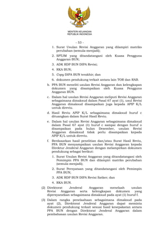 - 53 -
MENTERI KEUANGAN
REPUBLIK INDONESIA
1. Surat Usulan Revisi Anggaran yang dilampiri matriks
perubahan (semula-menjadi);
2. SPTJM yang ditandatangani oleh Kuasa Pengguna
Anggaran BUN;
3. ADK RDP BUN DIPA Revisi;
4. RKA BUN;
5. Copy DIPA BUN terakhir; dan
6. dokumen pendukung terkait antara lain TOR dan RAB.
b. PPA BUN meneliti usulan Revisi Anggaran dan kelengkapan
dokumen yang disampaikan oleh Kuasa Pengguna
Anggaran BUN.
c. Dalam hal usulan Revisi Anggaran meliputi Revisi Anggaran
sebagaimana dimaksud dalam Pasal 67 ayat (1), usul Revisi
Anggaran dimaksud disampaikan juga kepada APIP K/L
untuk direviu.
d. Hasil Reviu APIP K/L sebagaimana dimaksud huruf c
dituangkan dalam Surat Hasil Reviu.
e. Dalam hal usulan Revisi Anggaran sebagaimana dimaksud
dalam Pasal 67 ayat (1) huruf c sampai dengan huruf o
disampaikan pada bulan Desember, usulan Revisi
Anggaran dimaksud tidak perlu disampaikan kepada
APIP K/L untuk direviu.
f. Berdasarkan hasil penelitian dan/atau Surat Hasil Reviu,
PPA BUN menyampaikan usulan Revisi Anggaran kepada
Direktur Jenderal Anggaran dengan melampirkan dokumen
pendukung sebagai berikut:
1. Surat Usulan Revisi Anggaran yang ditandatangani oleh
Pemimpin PPA BUN dan dilampiri matriks perubahan
(semula-menjadi);
2. Surat Pernyataan yang ditandatangani oleh Pemimpin
PPA BUN;
3. ADK RDP BUN DIPA Revisi Satker; dan
4. RKA BUN.
(2) Direktorat Jenderal Anggaran menelaah usulan
Revisi Anggaran serta kelengkapan dokumen yang
dipersyaratkan sebagaimana dimaksud pada ayat (1) huruf f.
(3) Dalam rangka penelaahaan sebagaimana dimaksud pada
ayat (2), Direktorat Jenderal Anggaran dapat meminta
dokumen pendukung terkait sesuai hasil kesepakatan antara
PPA BUN dengan Direktorat Jenderal Anggaran dalam
pembahasan usulan Revisi Anggaran.
 