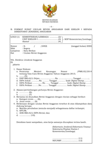 - 4 -
MENTERI KEUANGAN
REPUBLIK INDONESIA
B. FORMAT SURAT USULAN REVISI ANGGARAN DARI ESELON I KEPADA
DIREKTORAT JENDERAL ANGGARAN
LOGO (1) KEMENTERIAN/LEMBAGA ..............(2)
UNIT ESELON I.................................(3) KOP Kementerian/Lembaga
Alamat .............................................(4)
Nomor : S- / /20XX (tanggal-bulan) 20XX
Sifat : Segera
Lampiran : Satu Berkas
Hal : Usulan Revisi Anggaran
Yth. Direktur Jenderal Anggaran
Di
jakarta
1. Dasar Hukum:
a. Peraturan Menteri Keuangan Nomor /PMK.02/2014
tentang Tata Cara Revisi Anggaran Tahun Anggaran 2015;
b. ……..(5);
c. DHP RKA-K/L Ditjen …………………..No. ………………….Tanggal…………;
d. DIPA Induk …………No. ……… Tanggal ………… kode Digital Stamp……….;
e. DIPA Petikan ……………No. …… Tanggal ………… kode Digital Stamp……..;
f. DIPA Petikan ………No. ……… Tanggal …………… kode Digital Stamp……...
2. Alasan/pertimbangan perlunya Revisi Anggaran:
a. ………….. (6);
b. ………….. (7).
3. Bersama ini diusulkan Revisi Anggaran dengan rincian sebagai berikut:
a. Kategori revisi…… (8);
b. Jenis revisi…… (9).
4. Berkenaan dengan usulan Revisi Anggaran tersebut di atas dilampirkan data
dukung berupa:
a. Matriks perubahan (semula-menjadi) sebagaimana daftar terlampir;
b. SPTJM;
c. ADK RKA-K/L DIPA Revisi; dan
d. …………….. (10).
Demikian kami sampaikan, atas kerja samanya diucapkan terima kasih.
(Sekretaris Jenderal/Sekretaris Utama/
Sekretaris/Pejabat Eselon I
Kementerian/Lembaga)
………………………………… (11)
NIP/NRP…………………….. (12)
 