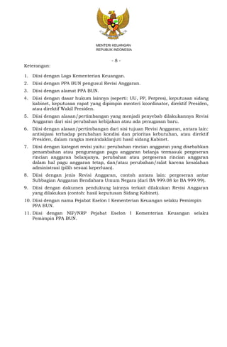 - 8 -
MENTERI KEUANGAN
REPUBLIK INDONESIA
Keterangan:
1. Diisi dengan Logo Kementerian Keuangan.
2. Diisi dengan PPA BUN pengusul Revisi Anggaran.
3. Diisi dengan alamat PPA BUN.
4. Diisi dengan dasar hukum lainnya (seperti: UU, PP, Perpres), keputusan sidang
kabinet, keputusan rapat yang dipimpin menteri koordinator, direktif Presiden,
atau direktif Wakil Presiden.
5. Diisi dengan alasan/pertimbangan yang menjadi penyebab dilakukannya Revisi
Anggaran dari sisi perubahan kebijakan atau ada penugasan baru.
6. Diisi dengan alasan/pertimbangan dari sisi tujuan Revisi Anggaran, antara lain:
antisipasi terhadap perubahan kondisi dan prioritas kebutuhan, atau direktif
Presiden, dalam rangka menindaklanjuti hasil sidang Kabinet.
7. Diisi dengan kategori revisi yaitu: perubahan rincian anggaran yang disebabkan
penambahan atau pengurangan pagu anggaran belanja termasuk pergeseran
rincian anggaran belanjanya, perubahan atau pergeseran rincian anggaran
dalam hal pagu anggaran tetap, dan/atau perubahan/ralat karena kesalahan
administrasi (pilih sesuai keperluan).
8. Diisi dengan jenis Revisi Anggaran, contoh antara lain: pergeseran antar
Subbagian Anggaran Bendahara Umum Negara (dari BA 999.08 ke BA 999.99).
9. Diisi dengan dokumen pendukung lainnya terkait dilakukan Revisi Anggaran
yang dilakukan (contoh: hasil keputusan Sidang Kabinet).
10. Diisi dengan nama Pejabat Eselon I Kementerian Keuangan selaku Pemimpin
PPA BUN.
11. Diisi dengan NIP/NRP Pejabat Eselon I Kementerian Keuangan selaku
Pemimpin PPA BUN.
 