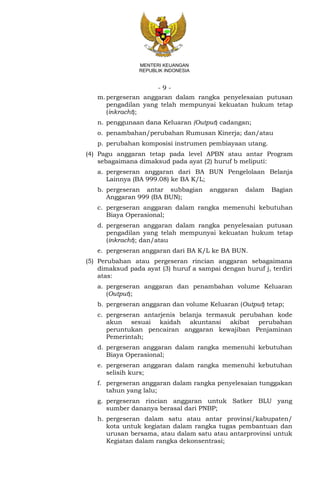 - 9 -
MENTERI KEUANGAN
REPUBLIK INDONESIA
m.pergeseran anggaran dalam rangka penyelesaian putusan
pengadilan yang telah mempunyai kekuatan hukum tetap
(inkracht);
n. penggunaan dana Keluaran (Output) cadangan;
o. penambahan/perubahan Rumusan Kinerja; dan/atau
p. perubahan komposisi instrumen pembiayaan utang.
(4) Pagu anggaran tetap pada level APBN atau antar Program
sebagaimana dimaksud pada ayat (2) huruf b meliputi:
a. pergeseran anggaran dari BA BUN Pengelolaan Belanja
Lainnya (BA 999.08) ke BA K/L;
b. pergeseran antar subbagian anggaran dalam Bagian
Anggaran 999 (BA BUN);
c. pergeseran anggaran dalam rangka memenuhi kebutuhan
Biaya Operasional;
d. pergeseran anggaran dalam rangka penyelesaian putusan
pengadilan yang telah mempunyai kekuatan hukum tetap
(inkracht); dan/atau
e. pergeseran anggaran dari BA K/L ke BA BUN.
(5) Perubahan atau pergeseran rincian anggaran sebagaimana
dimaksud pada ayat (3) huruf a sampai dengan huruf j, terdiri
atas:
a. pergeseran anggaran dan penambahan volume Keluaran
(Output);
b. pergeseran anggaran dan volume Keluaran (Output) tetap;
c. pergeseran antarjenis belanja termasuk perubahan kode
akun sesuai kaidah akuntansi akibat perubahan
peruntukan pencairan anggaran kewajiban Penjaminan
Pemerintah;
d. pergeseran anggaran dalam rangka memenuhi kebutuhan
Biaya Operasional;
e. pergeseran anggaran dalam rangka memenuhi kebutuhan
selisih kurs;
f. pergeseran anggaran dalam rangka penyelesaian tunggakan
tahun yang lalu;
g. pergeseran rincian anggaran untuk Satker BLU yang
sumber dananya berasal dari PNBP;
h. pergeseran dalam satu atau antar provinsi/kabupaten/
kota untuk kegiatan dalam rangka tugas pembantuan dan
urusan bersama, atau dalam satu atau antarprovinsi untuk
Kegiatan dalam rangka dekonsentrasi;
 