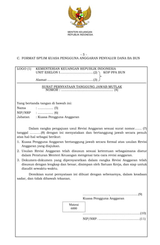 - 5 -
MENTERI KEUANGAN
REPUBLIK INDONESIA
C. FORMAT SPTJM KUASA PENGGUNA ANGGARAN PENYALUR DANA BA BUN
LOGO (1) KEMENTERIAN KEUANGAN REPUBLIK INDONESIA
UNIT ESELON I.................................(2) KOP PPA BUN
Alamat ..............................................(3)
SURAT PERNYATAAN TANGGUNG JAWAB MUTLAK
NOMOR : .................................................... (4)
Yang bertanda tangan di bawah ini:
Nama : ……….….. (5)
NIP/NRP : ……….….. (6)
Jabatan : Kuasa Pengguna Anggaran
Dalam rangka pengajuan usul Revisi Anggaran sesuai surat nomor....... (7)
tanggal ...........(8) dengan ini menyatakan dan bertanggung jawab secara penuh
atas hal-hal sebagai berikut:
1. Kuasa Pengguna Anggaran bertanggung jawab secara formal atas usulan Revisi
Anggaran yang diajukan.
2. Usulan Revisi Anggaran telah disusun sesuai ketentuan sebagaimana diatur
dalam Peraturan Menteri Keuangan mengenai tata cara revisi anggaran.
3. Dokumen-dokumen yang dipersyaratkan dalam rangka Revisi Anggaran telah
disusun dengan lengkap dan benar, disimpan oleh Satuan Kerja, dan siap untuk
diaudit sewaktu-waktu.
Demikian surat pernyataan ini dibuat dengan sebenarnya, dalam keadaan
sadar, dan tidak dibawah tekanan.
............................, .............................(9)
Kuasa Pengguna Anggaran
.............................................................(10)
NIP/NRP. ............................................(11)
Materai
6000
 