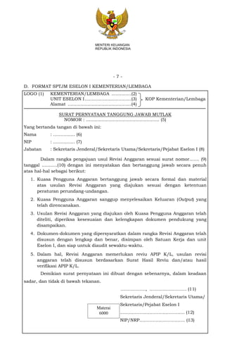 - 7 -
MENTERI KEUANGAN
REPUBLIK INDONESIA
D. FORMAT SPTJM ESELON I KEMENTERIAN/LEMBAGA
LOGO (1) KEMENTERIAN/LEMBAGA ..............(2)
UNIT ESELON I.................................(3) KOP Kementerian/Lembaga
Alamat .............................................(4)
SURAT PERNYATAAN TANGGUNG JAWAB MUTLAK
NOMOR : .................................................... (5)
Yang bertanda tangan di bawah ini:
Nama : ……….….. (6)
NIP : ……….….. (7)
Jabatan : Sekretaris Jenderal/Sekretaris Utama/Sekretaris/Pejabat Eselon I (8)
Dalam rangka pengajuan usul Revisi Anggaran sesuai surat nomor....... (9)
tanggal ...........(10) dengan ini menyatakan dan bertanggung jawab secara penuh
atas hal-hal sebagai berikut:
1. Kuasa Pengguna Anggaran bertanggung jawab secara formal dan material
atas usulan Revisi Anggaran yang diajukan sesuai dengan ketentuan
peraturan perundang-undangan.
2. Kuasa Pengguna Anggaran sanggup menyelesaikan Keluaran (Output) yang
telah direncanakan.
3. Usulan Revisi Anggaran yang diajukan oleh Kuasa Pengguna Anggaran telah
diteliti, diperiksa kesesuaian dan kelengkapan dokumen pendukung yang
disampaikan.
4. Dokumen-dokumen yang dipersyaratkan dalam rangka Revisi Anggaran telah
disusun dengan lengkap dan benar, disimpan oleh Satuan Kerja dan unit
Eselon I, dan siap untuk diaudit sewaktu-waktu.
5. Dalam hal, Revisi Anggaran memerlukan reviu APIP K/L, usulan revisi
anggaran telah disusun berdasarkan Surat Hasil Reviu dan/atau hasil
verifikasi APIP K/L.
Demikian surat pernyataan ini dibuat dengan sebenarnya, dalam keadaan
sadar, dan tidak di bawah tekanan.
..................., ............................ (11)
Sekretaris Jenderal/Sekretaris Utama/
Sekretaris/Pejabat Eselon I
…………………………………….. (12)
NIP/NRP…………………………. (13)
Materai
6000
 