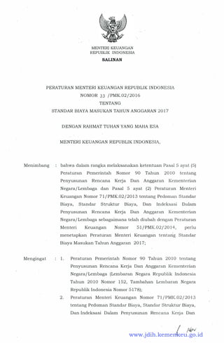 MENTER! KEUANGAN
REPUBLIK INDONESIA
SALINAN
PERATURAN MENTER! KEUANGAN REPUBLIK INDONESIA
NOMOR 33 / PMK.02 / 20 16
TENTANG
STANDAR BIAYA MASUKAN TAHUN ANGGARAN 2017
DENGAN RAHMAT TUHAN YANG MAHA ESA
MENTER! KEUANGAN REPUBLIK INDONESIA,
Menimbang bahwa dalam rangka melaksanakan ketentuan Pasal 5 ayat (5)
Peraturan Pemerintah Nomor 90 Tahun 2010 ten.tang
Penyusunan Rencana Kerja Dan Anggaran Kementerian
Negara/Lembaga dan Pasal 5 ayat (2) Peraturan Menteri
Keuangan Nomor 7 1 / PMK.02 / 20 1 3 tentang Pedoman Standar
Biaya, Standar Struktur Biaya, Dan Indeksasi Dalam
Penyusunan Rencana Kerja Dan Anggaran Kementerian
Negara/ Lembaga sebagaimana telah diubah dengan Peraturan
Mengingat
Menteri Keuangan Nomor 51 / PMK.02/2014, perlu
menetapkan Peraturan Menteri Keuangan tentang Standar
Biaya Masukan Tahun Anggaran 20 1 7;
1 . Peraturan Pemerintah Nomor 90 Tahun 2010 ten.tang
Penyusunan Rencana Kerja Dan Anggaran Kementerian
Negara/Lembaga (Lembaran Negara Republik Indonesia
Tahun 2010 Nomor 152, Tambahan Lembaran Negara
Republik Indonesia Nomor 5 1 78);
2. Peraturan Menteri Keuangan Nomor 71/PMI(.02/2013
tentang Pedoman Standar Biaya, Standar Struktur Biaya,
Dan Indeksasi Dalam Penyusunan Ren.can.a Kerja Dan
www.jdih.kemenkeu.go.id
 