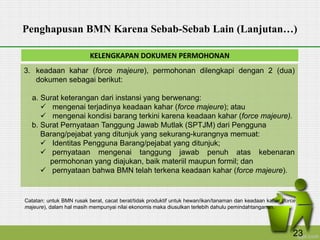 KELENGKAPAN DOKUMEN PERMOHONAN
Penghapusan BMN Karena Sebab-Sebab Lain (Lanjutan…)
3. keadaan kahar (force majeure), permohonan dilengkapi dengan 2 (dua)
dokumen sebagai berikut:
a. Surat keterangan dari instansi yang berwenang:
 mengenai terjadinya keadaan kahar (force majeure); atau
 mengenai kondisi barang terkini karena keadaan kahar (force majeure).
b. Surat Pernyataan Tanggung Jawab Mutlak (SPTJM) dari Pengguna
Barang/pejabat yang ditunjuk yang sekurang-kurangnya memuat:
 Identitas Pengguna Barang/pejabat yang ditunjuk;
 pernyataan mengenai tanggung jawab penuh atas kebenaran
permohonan yang diajukan, baik materiil maupun formil; dan
 pernyataan bahwa BMN telah terkena keadaan kahar (force majeure).
Catatan: untuk BMN rusak berat, cacat berat/tidak produktif untuk hewan/ikan/tanaman dan keadaan kahar (force
majeure), dalam hal masih mempunyai nilai ekonomis maka diusulkan terlebih dahulu pemindahtanganan.
23
 