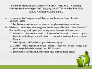 Peraturan Menteri Keuangan Nomor PMK 4/PMK.02/2015 Tentang
Pedelegasian Kewenangan dan Tanggung Jawab Tertentu dari Pengelola
Barang Kepada Pengguna Barang
a. Kewenangan dan Tanggung Jawab Tertentu dari Pengelola Barang Kepada
Pengguna Barang
 Pemberian persetujuan atas permohonan penghapusan dan pemusnahan
b. Pelaksana kewenangan dan tanggung jawab harus dilakukana oleh Menteri /
Pimpinan lembaga selaku pengguna barang secara funsional dilakukan oleh :
1. Sekretaris jenderal/Sekretaris kementerian/Sekretaris utama pada
kementerian/lembaga termasuk kantor menteri koordinator/kantor menteri
Negara
2. Jaksa Agung Muda Pembinaan pada kejaksaan agung.
3. Asisten kepala kepolisian negara republik indonesia bidang sarang dan
prasarana pada kepolisian negara republik indonesia
4. Pimpinan kesekretariatan/Kepaniteraan pada lembaga tinggi negara
 