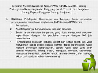 Peraturan Menteri Keuangan Nomor PMK 4/PMK.02/2015 Tentang
Pedelegasian Kewenangan dan Tanggung Jawab Tertentu dari Pengelola
Barang Kepada Pengguna Barang. Lanjutan..........
c. Klasifikasi Pedelegasian Kewenangan dan Tanggung Jawab memberikan
persetujuan atas permohonan penghapusan BMN terhadap BMN berupa :
1. Persediaan;
2. Aset tetap lainya, berupa hewan, ikan dan tanaman;
3. Selain tanah dan/atau bangunan, yang tidak mempunyai dokumen
kepemilikan, dengan nilai perolehan sampai dengan 100 juta
perunit/satuan
4. Penghapusan dilakukan sebagai akibat dari sebab-sebab lain yang
merupakan sebab-sebab secara normal dapat diperkirakan wajar
menjadi penyebab penghapusan, seperti rusak berat yang tidak
bernilai ekonomis, hilang, susut, menguap, mencair, kaduluarsa,
mati/cacat berat/tidak produktif untuk tanaman/hewan, dan sebagai
akibat dari keadaan kahar (force majere)
 