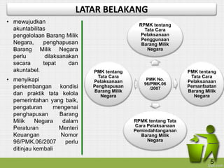 • mewujudkan
akuntabilitas
pengelolaan Barang Milik
Negara, penghapusan
Barang Milik Negara
perlu dilaksanakan
secara tepat dan
akuntabel.
• menyikapi
perkembangan kondisi
dan praktik tata kelola
pemerintahan yang baik,
pengaturan mengenai
penghapusan Barang
Milik Negara dalam
Peraturan Menteri
Keuangan Nomor
96/PMK.06/2007 perlu
ditinjau kembali
PMK No.
96/PMK.06
/2007
RPMK tentang
Tata Cara
Pelaksanaan
Penggunaan
Barang Milik
Negara
PMK tentang
Tata Cara
Pelaksanaan
Pemanfaatan
Barang Milik
Negara
RPMK tentang Tata
Cara Pelaksanaan
Pemindahtanganan
Barang Milik
Negara
PMK tentang
Tata Cara
Pelaksanaan
Penghapusan
Barang Milik
Negara
LATAR BELAKANG
5
 