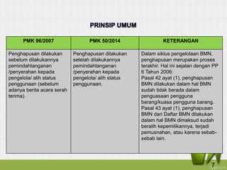 PRINSIP UMUM
PMK 96/2007 PMK 50/2014 KETERANGAN
Penghapusan dilakukan
sebelum dilakukannya
pemindahtanganan
/penyerahan kepada
pengelola/ alih status
penggunaan (sebelum
adanya berita acara serah
terima).
Penghapusan dilakukan
setelah dilakukannya
pemindahtanganan
/penyerahan kepada
pengelola/ alih status
penggunaan.
Dalam siklus pengelolaan BMN,
penghapusan merupakan proses
terakhir. Hal ini sejalan dengan PP
6 Tahun 2006:
Pasal 42 ayat (1), penghapusan
BMN dilakukan dalam hal BMN
sudah tidak berada dalam
penguasaan pengguna
barang/kuasa pengguna barang.
Pasal 43 ayat (1), penghapusan
BMN dari Daftar BMN dilakukan
dalam hal BMN dimaksud sudah
beralih kepemilikannya, terjadi
pemusnahan, atau karena sebab-
sebab lain.
7
 