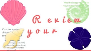 Was the image you had in
your mind before we read
the same image after
reading?
★ How did it change? Or get
better?
Compare what you
already knew to
something you read
★ Did it add to your
knowledge or was it the
same of what you already
knew? Do you want to
learn more?
Review your predictions
★ Were they correct?
Were they different?
How?
Think about what you
read and review your
questions in your KWL
★ Were they answered for
you? Do you need more
information? R e v i e w
y o u r
 