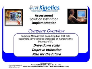© 2017 PM Kinetics, LLC
All Rights Reserved
Company Overview
Drive down costs
Improve utilization
Plan for the future
Assessment
Solution Definition
Implementation
PM Kinetics, LLC
Phone: 678.528.7399 | Fax: 813.315.6603
Email: dan.ruggles@pmkinetics.com | Web: www.pmkinetics.com
Technical Management Consulting firm that help
customers solve complex challenges of managing the
business of IT.
 