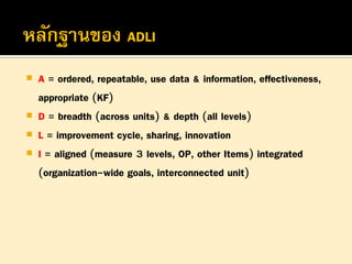 





A = ordered, repeatable, use data & information, effectiveness,
appropriate (KF)
D = breadth (across units) & depth (all levels)
L = improvement cycle, sharing, innovation
I = aligned (measure 3 levels, OP, other Items) integrated
(organization-wide goals, interconnected unit)

 