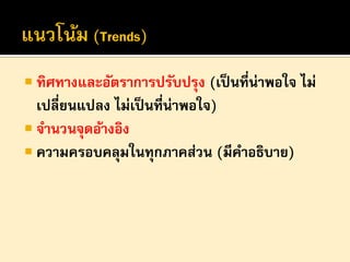  ทิศทางและอัตราการปรับปรุง (เป็ นที่น่าพอใจ ไม่

เปลี่ยนแปลง ไม่เป็ นที่น่าพอใจ)
 จานวนจุดอ้างอิง
 ความครอบคลุมในทุกภาคส่วน (มีคาอธิบาย)

 