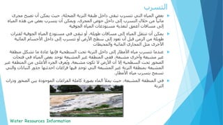 ‫بعض‬‫تصبح‬ ‫أن‬ ‫يمكن‬ ‫حيث‬ ،‫الضحلة‬ ‫التربة‬ ‫طبقة‬ ‫داخل‬ ‫تبقى‬ ‫تتسرب‬ ‫التي‬ ‫المياه‬‫مجرى‬
‫المجرى‬ ‫حوض‬ ‫داخل‬ ‫إلى‬ ‫التسرب‬ ‫خالل‬ ‫من‬ ً‫مائيا‬.‫الميا‬ ‫هذه‬ ‫من‬ ‫بعض‬ ‫يتسرب‬ ‫أن‬ ‫ويمكن‬‫ه‬
‫المياه‬ ‫مستودعات‬ ‫لتغذية‬ ‫أعمق‬ ‫مسافات‬ ‫إلى‬‫الجوفية‬
‫يمكن‬،‫طويلة‬ ‫مسافات‬ ‫إلى‬ ‫المياه‬ ‫تنتقل‬ ‫أن‬‫في‬ ‫تبقى‬ ‫أو‬‫ل‬ ‫الجوفية‬ ‫المياه‬ ‫مستودع‬‫فترات‬
‫الزمن‬ ‫من‬ ‫طويلة‬‫أن‬ ‫قبل‬‫سطح‬ ‫إلى‬ ‫تعود‬‫تتسرب‬ ‫أو‬ ‫األرض‬‫المائية‬ ‫األجسام‬ ‫داخل‬ ‫إلى‬
‫مثل‬ ‫األخرى‬‫المائية‬ ‫المجاري‬‫والمحيطات‬
‫عندما‬‫منطق‬ ‫تشكل‬ ‫ما‬ ‫عادة‬ ‫فإنها‬ ‫السطحية‬ ‫تحت‬ ‫التربة‬ ‫داخل‬ ‫إلى‬ ‫األمطار‬ ‫مياه‬ ‫تتسرب‬‫ة‬
‫مشبعة‬ ‫وأخرى‬ ‫مشبعة‬ ‫غير‬.‫فتح‬ ‫في‬ ‫المياه‬ ‫بعض‬ ‫توجد‬ ‫المشبعة‬ ‫غير‬ ‫المنطقة‬ ‫ففي‬‫ات‬
‫تحت‬ ‫الصخور‬‫إال‬ ‫السطحية‬‫مشبعة‬ ‫تكون‬ ‫ال‬ ‫األرض‬ ‫أن‬.‫المنطقة‬ ‫من‬ ‫األعلى‬ ‫الجزء‬ ‫عرف‬ُ‫ي‬‫و‬‫غير‬
‫غير‬ ‫التربة‬ ‫بمنطقة‬ ‫المشبعة‬‫المشبعة‬‫فراغات‬ ‫فيها‬ ‫توجد‬ ‫التي‬‫احدثتها‬‫جذور‬‫النبات‬‫والتي‬ ‫ات‬
‫بتسرب‬ ‫تسمح‬‫األمطار‬ ‫مياه‬.
‫المنطقة‬ ‫في‬‫و‬ ‫الصخور‬ ‫بين‬ ‫الموجودة‬ ‫الفراغات‬ ‫كاملة‬ ‫بصورة‬ ‫الماء‬ ‫يمأل‬ ‫حيث‬ ،‫المشبعة‬‫ذرات‬
‫التربة‬
‫التسرب‬
 