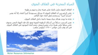 ‫الغالف‬‫ملئ‬ ‫الجوي‬‫رطوبة‬ ‫و‬ ‫غيوم‬ ‫و‬ ‫بخار‬ ‫هيئة‬ ‫على‬ ‫بالماء‬
‫على‬‫الغالف‬ ‫أن‬ ‫من‬ ‫الرغم‬‫الجوي‬‫يعت‬ ‫أنه‬ ‫إال‬ ،‫للماء‬ ً‫كبيرا‬ ً‫مستودعا‬ ‫يشكل‬ ‫ال‬‫بر‬
"ً‫كبيرا‬ ً‫مسارا‬"‫العالم‬ ‫حول‬ ‫الماء‬ ‫لنقل‬ ‫يستخدم‬.
‫عادة‬‫الغالف‬ ‫داخل‬ ‫دائمة‬ ‫بصفة‬ ‫مياه‬ ‫هنالك‬ ‫توجد‬ ‫ما‬‫الجوي‬.
‫تعتبر‬‫الرطوبة‬ ‫أشكال‬ ‫من‬ ً‫شكال‬ ‫السحب‬‫ومع‬ ‫الجوية‬‫يح‬ ‫النقي‬ ‫الهواء‬ ‫فإن‬ ‫ذلك‬‫توي‬
‫ذرات‬ ‫هيئة‬ ‫على‬ ً‫مياها‬ ‫على‬‫صغيرة‬‫الجوي‬ ‫الغالف‬ ‫في‬ ‫الموجود‬ ‫الماء‬ ‫حجم‬ ‫ويصل‬
‫حوالي‬ ‫إلى‬ ‫وقت‬ ‫أي‬ ‫في‬12900‫كيلومتر‬‫مكعب‬
‫الغالف‬ ‫في‬ ‫المخزنة‬ ‫المياه‬‫الجوي‬
 