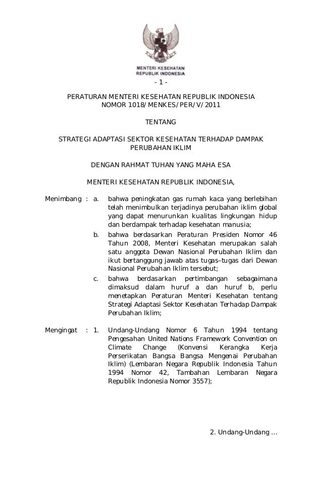 Permenkes No 1018 Ttg Strategi Adaptasi Perubahan Iklim