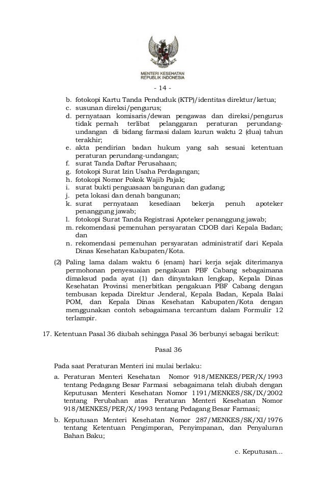Permenkes RI No. 34 th 2014 Tentang Pedagang Besar Farmasi