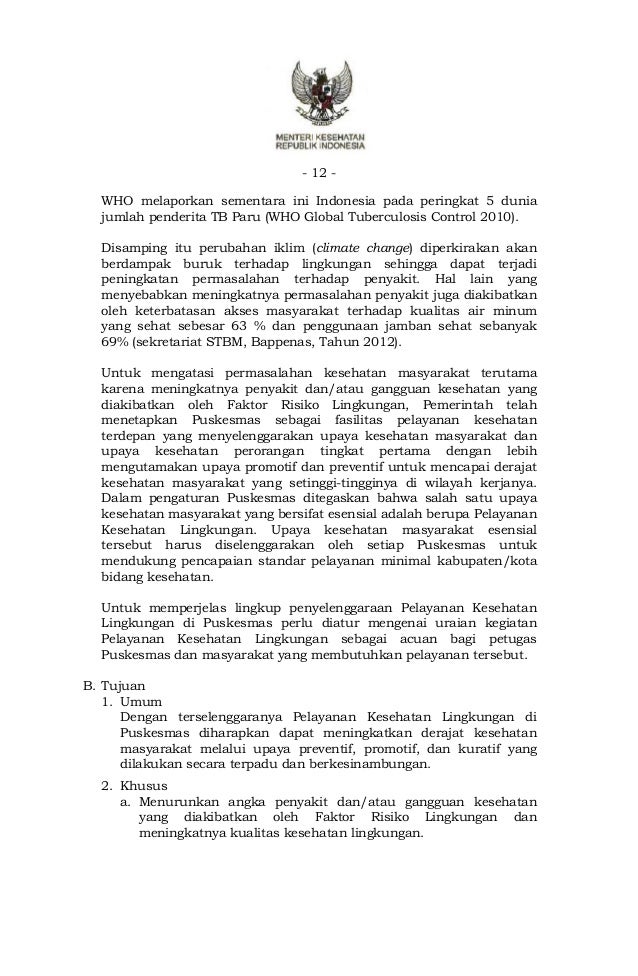 Permenkes No 13 Tahun 2015 Ttg Pelayanan Kesling Di Puskesmas