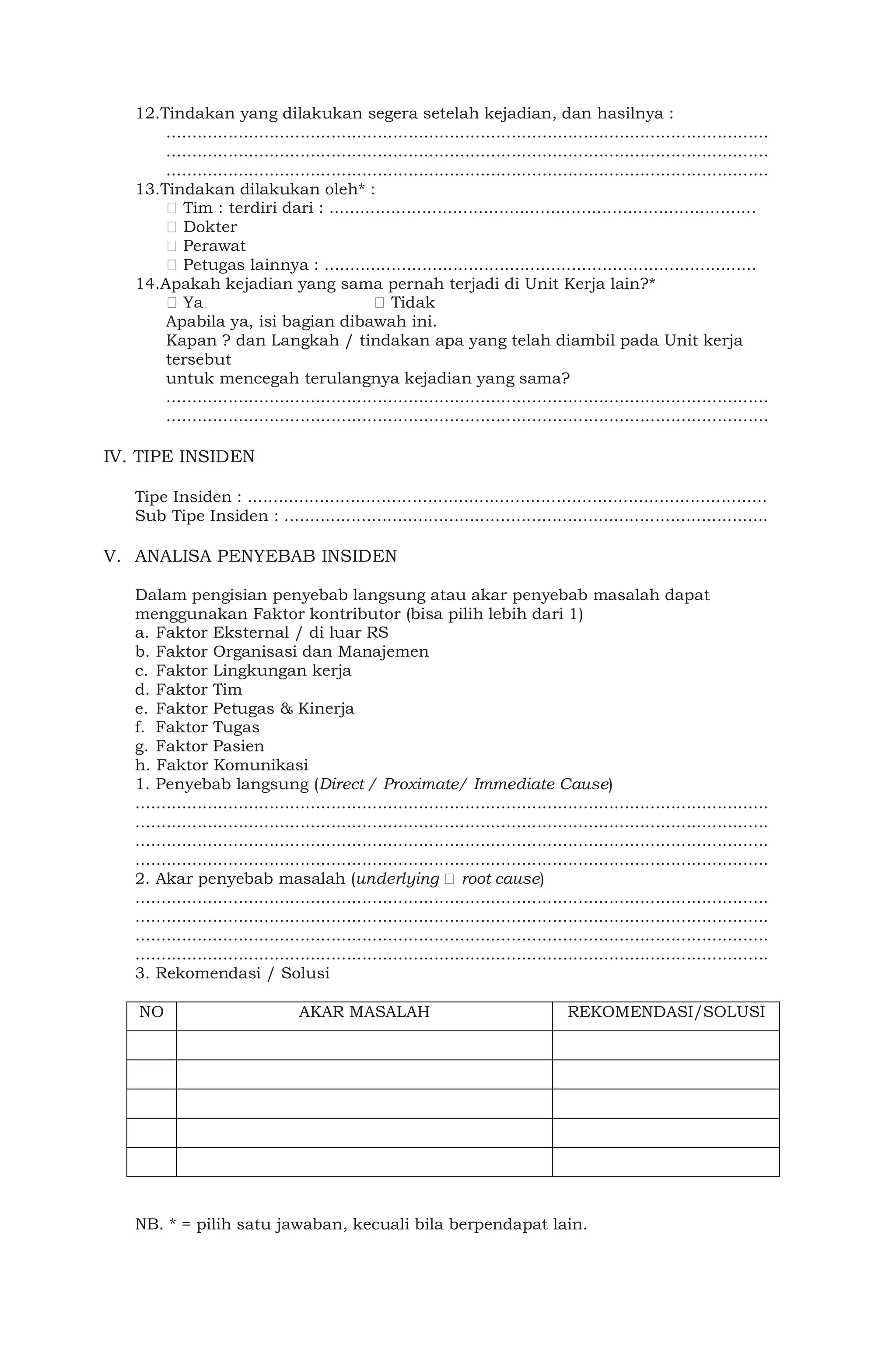 12.Tindakan yang dilakukan segera setelah kejadian, dan hasilnya :
.....................................................................................................................
.....................................................................................................................
.....................................................................................................................
13.Tindakan dilakukan oleh* :
Tim : terdiri dari : ...................................................................................
Dokter
Perawat
Petugas lainnya : ....................................................................................
14.Apakah kejadian yang sama pernah terjadi di Unit Kerja lain?*
Ya Tidak
Apabila ya, isi bagian dibawah ini.
Kapan ? dan Langkah / tindakan apa yang telah diambil pada Unit kerja
tersebut
untuk mencegah terulangnya kejadian yang sama?
.....................................................................................................................
.....................................................................................................................
IV. TIPE INSIDEN
Tipe Insiden : .....................................................................................................
Sub Tipe Insiden : ..............................................................................................
V. ANALISA PENYEBAB INSIDEN
Dalam pengisian penyebab langsung atau akar penyebab masalah dapat
menggunakan Faktor kontributor (bisa pilih lebih dari 1)
a. Faktor Eksternal / di luar RS
b. Faktor Organisasi dan Manajemen
c. Faktor Lingkungan kerja
d. Faktor Tim
e. Faktor Petugas & Kinerja
f. Faktor Tugas
g. Faktor Pasien
h. Faktor Komunikasi
1. Penyebab langsung (Direct / Proximate/ Immediate Cause)
...........................................................................................................................
...........................................................................................................................
...........................................................................................................................
...........................................................................................................................
2. Akar penyebab masalah (underlying root cause)
...........................................................................................................................
...........................................................................................................................
...........................................................................................................................
...........................................................................................................................
3. Rekomendasi / Solusi
NO AKAR MASALAH REKOMENDASI/SOLUSI
NB. * = pilih satu jawaban, kecuali bila berpendapat lain.
 
