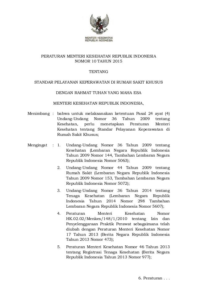 Pmk no. 10 tahun 2015 ttg standar pelayanan keperawatan di rs khusus