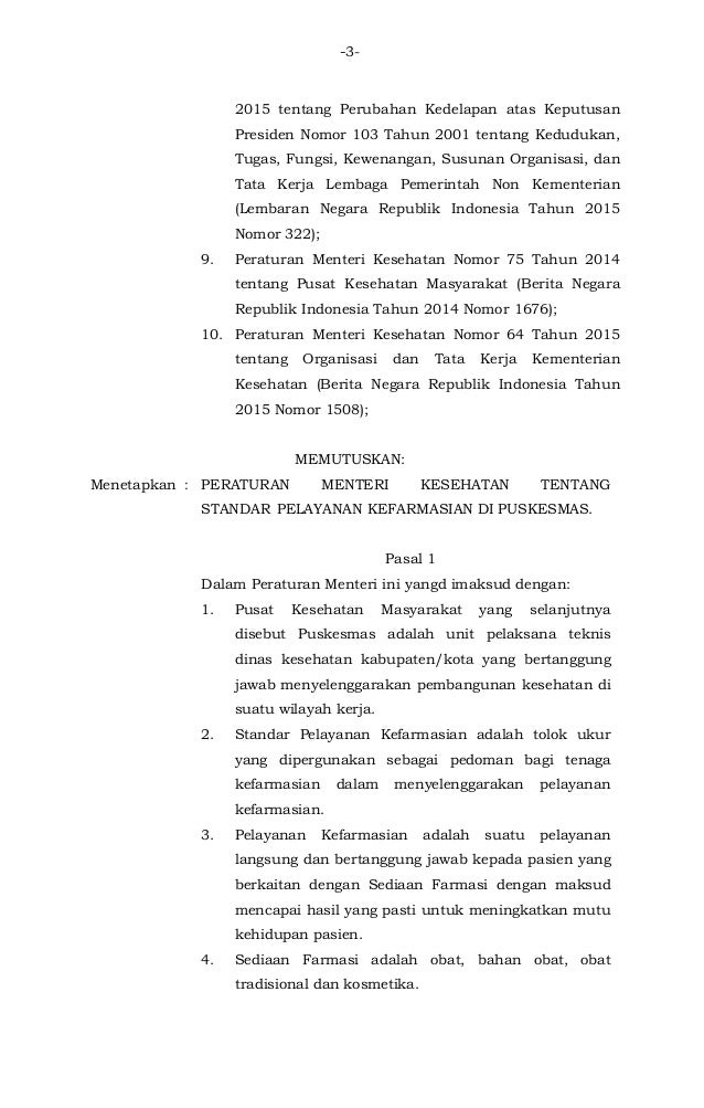 Permenkes No 74 Tahun 2016 Tentang Standar Pelayanan Kefarmasian Di