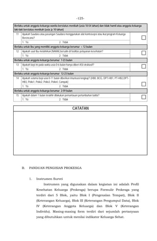 -125-
Berlaku untuk anggota keluarga wanita berstatus menikah (usia 10-54 tahun) dan tidak hamil atau anggota keluarga
laki-laki berstatus menikah (usia ≥ 10 tahun)
11 Apakah Saudara atau pasangan Saudara menggunakan alat kontrasepsi atau ikut program Keluarga
Berencana? 
1. Ya 2. Tidak
Berlaku untuk Ibu yang memiliki anggota keluarga berumur < 12 bulan
12 Apakah saat Ibu melahirkan [NAMA] bersalin di fasilitas pelayanan kesehatan?
1. Ya 2. Tidak
Berlaku untuk anggota keluarga berumur 7-23 bulan
13 Apakah bayi ini pada waktu usia 0-6 bulan hanya diberi ASI eksklusif?
1. Ya 2. Tidak
Berlaku untuk anggota keluarga berumur 12-23 bulan
14 Apakah selama bayi usia 0-11 bulan diberikan imunisasi lengkap? (HB0, BCG, DPT-HB1, PT-HB2,DPT-
HB3, Polio1, Polio2, Polio3, Polio4, Campak)
1. Ya 2. Tidak
Berlaku untuk anggota keluarga berumur 2-59 bulan
15 Apakah dalam 1 bulan terakhir dilakukan pemantauan pertumbuhan balita?
1. Ya 2. Tidak
CATATAN
B. PANDUAN PENGISIAN PROKESGA
1. Instrumen Survei
Instrumen yang digunakan dalam kegiatan ini adalah Profil
Kesehatan Keluarga (Prokesga) berupa Formulir Prokesga yang
terdiri dari 5 Blok, yaitu Blok I (Pengenalan Tempat), Blok II
(Keterangan Keluarga), Blok III (Keterangan Pengumpul Data), Blok
IV (Keterangan Anggota Keluarga) dan Blok V (Keterangan
Individu). Masing-masing form terdiri dari sejumlah pertanyaan
yang dibutuhkan untuk menilai indikator Keluarga Sehat.
 