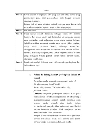 -141-
Kode 1 Kawin adalah mempunyai istri (bagi laki-laki) atau suami (bagi
perempuan) pada saat pencacahan, baik tinggal bersama
maupun terpisah.
Dalam hal ini yang dicakup adalah mereka yang kawin sah
secara hukum (adat, agama, negara, dan sebagainya).
Kode 2 Belum kawin.
Kode 3 Cerai hidup adalah berpisah sebagai suami-istri karena
bercerai dan belum kawin lagi. Dalam hal ini termasuk mereka
yang mengaku cerai walaupun belum resmi secara hukum.
Sebaliknya tidak termasuk mereka yang hanya hidup terpisah
tetapi masih berstatus kawin, misalnya suami/istri
ditinggalkan oleh istri/suami ke tempat lain karena sekolah,
bekerja, mencari pekerjaan, atau untuk keperluan lain. Wanita
yang mengaku belum pernah kawin tetapi pernah hamil,
dianggap cerai hidup.
Kode 4 Cerai mati adalah ditinggal mati oleh suami atau istrinya dan
belum kawin lagi.
h) Kolom 8: Sedang hamil? (perempuan usia10-54
tahun)
Tanyakan pada responden perempuan usia 10-
54 tahun sedang hamil/tidak?
Kode1 bila jawaban “Ya”,atau kode 2 bila
jawaban “Tidak”
Catatan: Tanyakan pertanyaan rincian 8 ini pada
wanita umur 10 tahun sampai umur 54 tahun tanpa
memperhitungkan apakah sudah menikah atau
belum, masih sekolah atau tidak, belum
pernah/sudah pernah/tidak lagi menstruasi. Hal ini
karena keadaan tersebut tidak menjamin bahwa
wanita tersebut tidak bisa hamil.
Jangan pula hanya melihat keadaan besar perutnya
karena kehamilan tidak bisa dilihat dari besar
perutnya saja, terutama pada hamil muda.
 