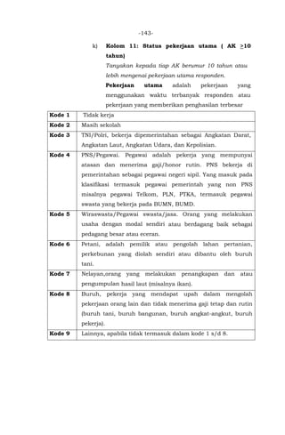 -143-
k) Kolom 11: Status pekerjaan utama ( AK >10
tahun)
Tanyakan kepada tiap AK berumur 10 tahun atau
lebih mengenai pekerjaan utama responden.
Pekerjaan utama adalah pekerjaan yang
menggunakan waktu terbanyak responden atau
pekerjaan yang memberikan penghasilan terbesar
Kode 1 Tidak kerja
Kode 2 Masih sekolah
Kode 3 TNI/Polri, bekerja dipemerintahan sebagai Angkatan Darat,
Angkatan Laut, Angkatan Udara, dan Kepolisian.
Kode 4 PNS/Pegawai. Pegawai adalah pekerja yang mempunyai
atasan dan menerima gaji/honor rutin. PNS bekerja di
pemerintahan sebagai pegawai negeri sipil. Yang masuk pada
klasifikasi termasuk pegawai pemerintah yang non PNS
misalnya pegawai Telkom, PLN, PTKA, termasuk pegawai
swasta yang bekerja pada BUMN, BUMD.
Kode 5 Wiraswasta/Pegawai swasta/jasa. Orang yang melakukan
usaha dengan modal sendiri atau berdagang baik sebagai
pedagang besar atau eceran.
Kode 6 Petani, adalah pemilik atau pengolah lahan pertanian,
perkebunan yang diolah sendiri atau dibantu oleh buruh
tani.
Kode 7 Nelayan,orang yang melakukan penangkapan dan atau
pengumpulan hasil laut (misalnya ikan).
Kode 8 Buruh, pekerja yang mendapat upah dalam mengolah
pekerjaan orang lain dan tidak menerima gaji tetap dan rutin
(buruh tani, buruh bangunan, buruh angkat-angkut, buruh
pekerja).
Kode 9 Lainnya, apabila tidak termasuk dalam kode 1 s/d 8.
 
