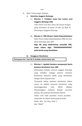 -144-
5) Blok V Keterangan Individu
a) Identitas Anggota Keluarga
(1) Rincian 1. Tuliskan nama dan nomor urut
Anggota Keluarga (AK)
Tulis nomor urut dan nama AK sesuai dengan
yang tercantum di kolom (1) dan (2) Blok IV
Keterangan Anggota Keluarga
(2) Rincian 2. NIK (Nomor Induk Kependudukan)
Salin Nomor Induk Kependudukan (NIK) AK dari
Kartu Keluarga atau KTP
Bagi AK yang tidak/belum memiliki NIK,
maka isikan digit “9999999999999999”
pada kotak yang disediakan
b) Gangguan Kesehatan
(1) Rincian 1. Apakah Saudara mempunyai kartu
jaminan kesehatan atau JKN
Ditanyakan kepada seluruh anggota keluarga
yang terdaftar sebagai peserta Jaminan
Kesehatan Nasional (JKN), yang dibuktikan
dengan kartu kepesertaan.
Termasuk dalam jaminan kesehatan dalam
survei ini adalah asuransi kesehatan yang
diselenggarakan oleh BPJS (Badan
Penyelenggara Jaminan Sosial), asuransi
swasta, dan jaminan kesehatan daerah.
Isikan satu kode jawaban sesuai jawaban
responden ke dalam kotak yang tersedia.
Kode1 jika "Ya",atau kode 2
jika "Tidak”
Pertanyaan No.1 dan No.2, berlaku untuk semua usia
 